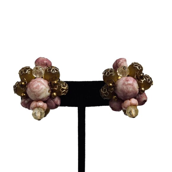 Hobe Lavender, Green And Filigree Bead Cluster Clip On Earrings Signed (5226) - Picture 1 of 5